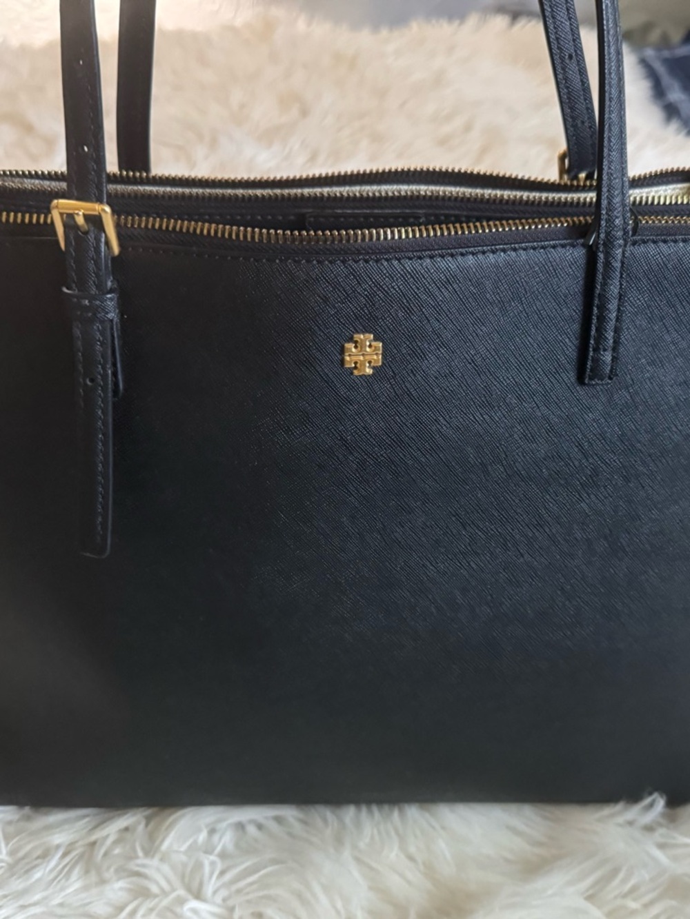 Tory Burch Black Double Zip Saffiano Tote with Gold Hardware